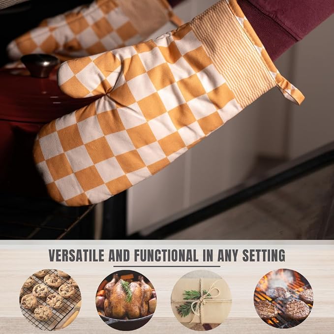 Portia & Bloom Oven Mitts Heat Resistant 12" x 5.5" or Silicone Oven Mitts, Cotton Oven Mits, Oven Mits/Glove Set or Cute Kitchen Mittens, Kitchen Oven Mitt Set (Yellow)