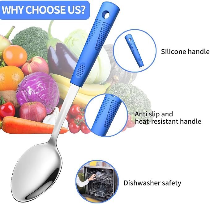 Serving Spoon Set with Silicone Handles,2-Piece spoon | Stainless Steel Serving Spoon, Slotted Spoon & Soup Ladle Set for Buffet and Home Kitchen
