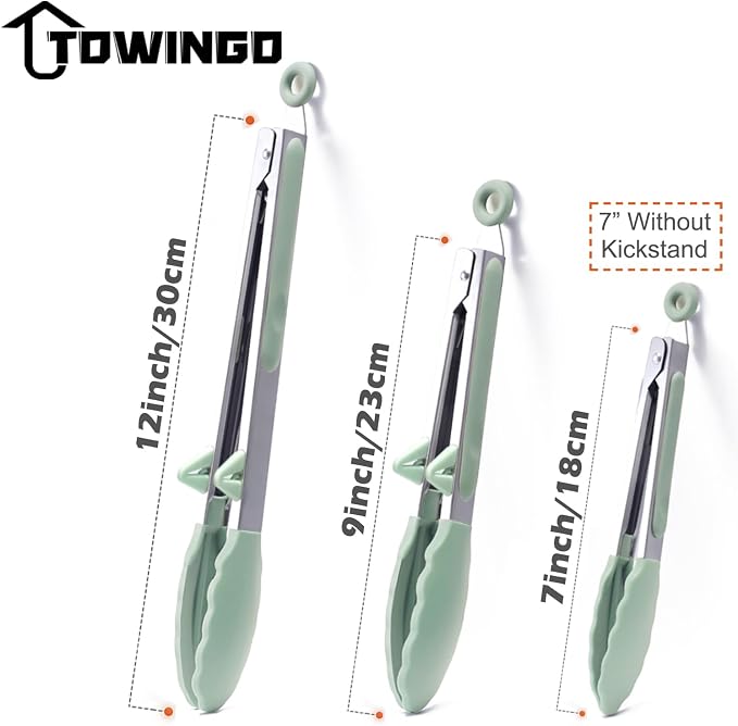 Silicone Kitchen Tongs, 3Pcs Tongs for Cooking with Silicone Tips, Food Grade Small Tongs, Mini Serving Tongs for BBQ Salad, Green, 7"+9"+12"