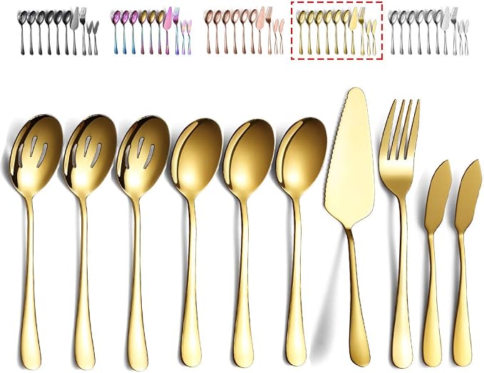 Gold Serving Spoons 10 Pieces, Kyraton Serving Utensils, Serving Set Include 3 Serving Spoon, 3 Slotted Spoon, 1 Serving Fork, 1 Cake Server, 2 Butter Knife Spreaders