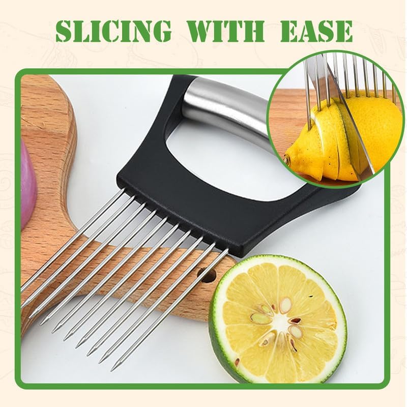 Onion Holder for Slicing, 2024 New Stainless Steel Onion Slice Holder Vegetable Slicer Cutter, Kitchen Chopper Slicing Assistant Tool for Onion Lemon Potato and Tomato (3 PCS)