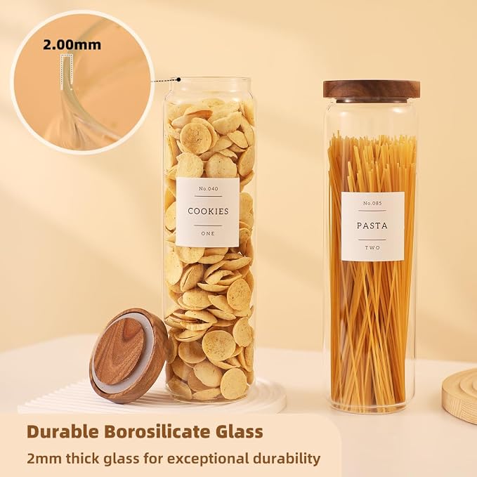 3 Pack Glass Canisters with Airtight Acacia Lids and 132 Kitchen Pantey Labels Preprint - 51 Fl Oz Borosilicate Glass Pantry Storage Jars Containers with Wooden Lids for Pasta,Spaghetti,Cereal,Noodles