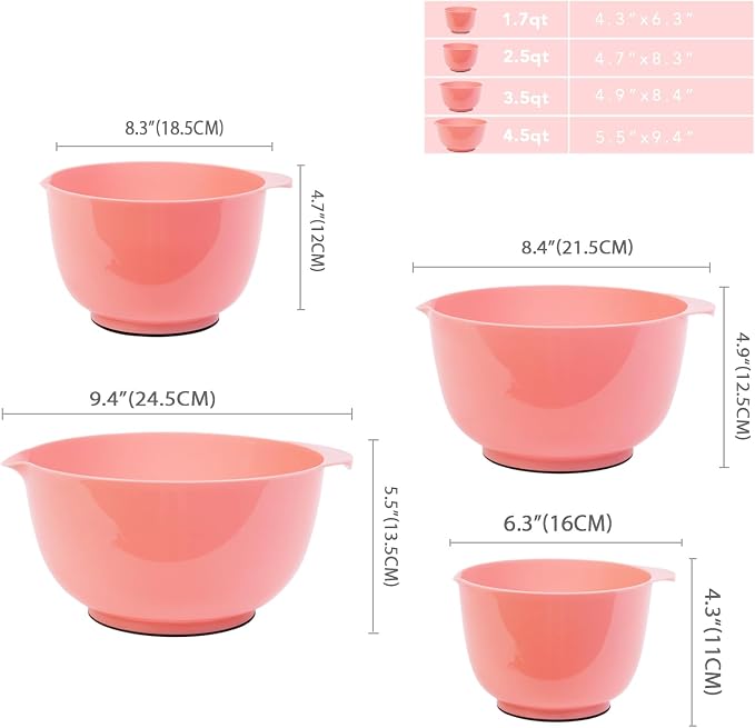 BoxedHome Classic Mixing Bowls Set of 4, 4.5, 3.5, 2.5 and 1.7 quarts | BPA Free Plastic, Microwave Safe