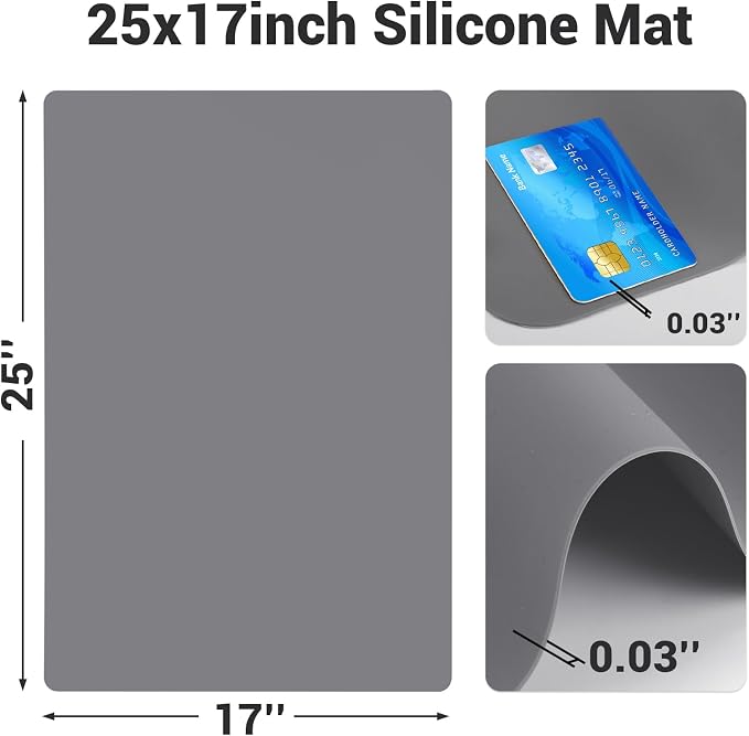 25“x17”x0.03“ Silicone Mats for Kitchen Counter, Large Silicone Countertop Protector, Nonskid Heat Resistant Desk Saver Pad, Multipurpose Mat, Placemat, Dark Gray