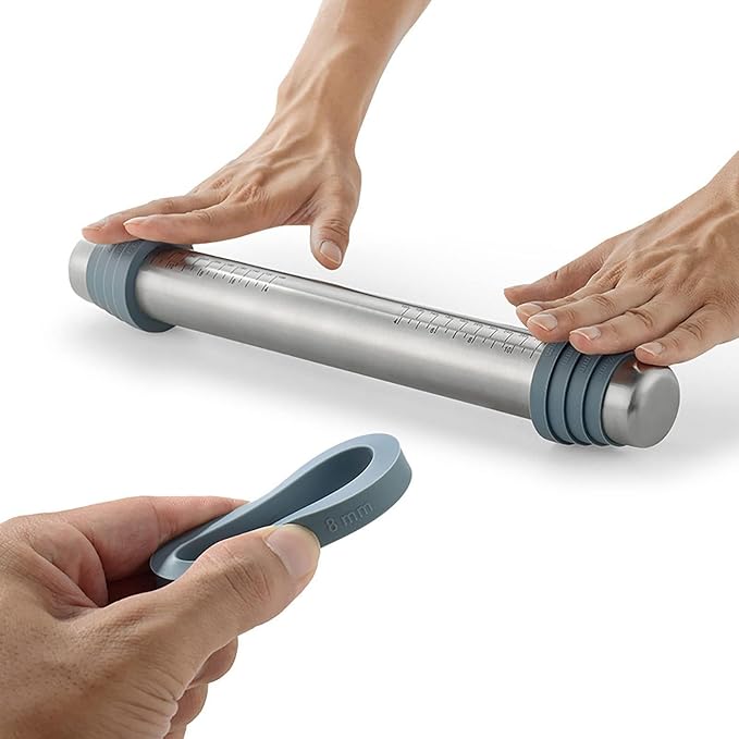 Rolling Pin & Silicone Baking Pastry Mat & Dough Pastry Bench Cutter Scraper Set, Rolling Pins with Adjustable Thickness Rings, for Baking Dough, Pizza, Pie, Pastries, Pasta, Cookies