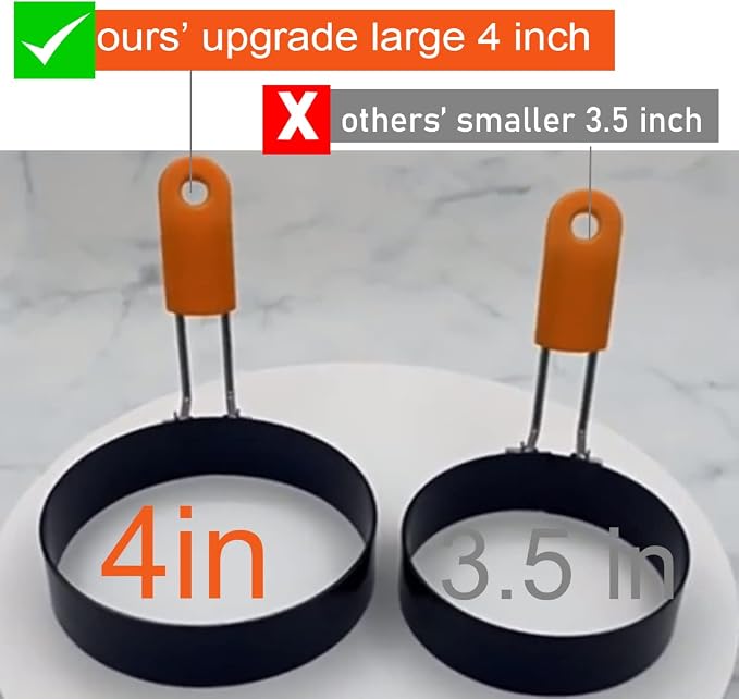 4 Pack Stainless Steel Square Egg Mold & Round Omelet Ring - 4 Inch Large, Non-stick, Silicone Insulated Handle, Includes Oil Brush & Egg Separator