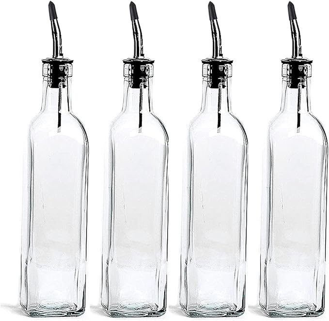 DLD Oil Dispenser For Kitchenr And Vinegar Bottle 4 Pack 16oz/473ML, For Kitchen, Glass Cooking Oil Container Cruet, Precise oil control, Clear