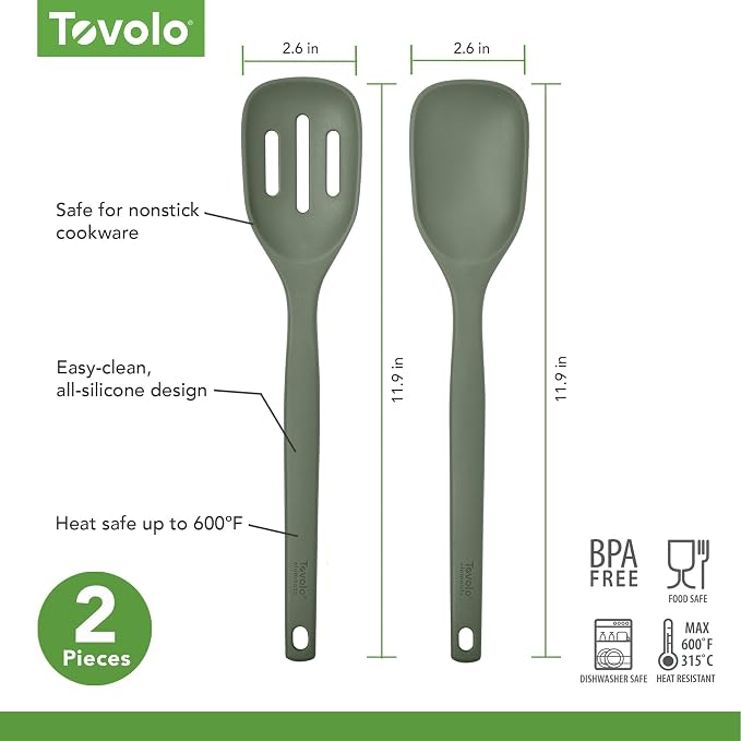Tovolo Elements Silicone Spoon Set of 2 Mixing and Slotted Spoon Bundle for Non Stick Cooking Mixing Serving, Dishwasher Safe Heat Resistant Slotted Spoon and Mixing Serving Spoon, Thyme Green