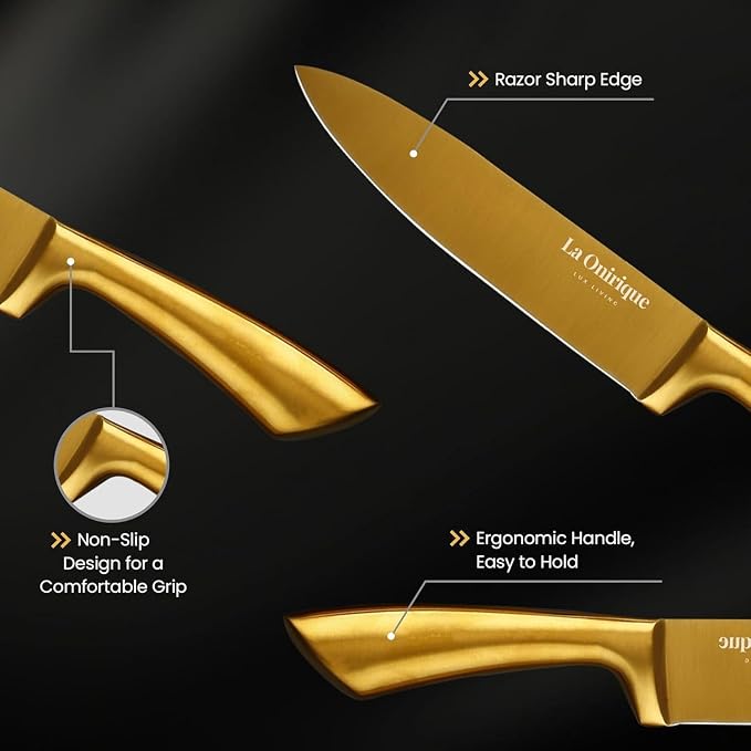 Luxury 7-Piece Gold Kitchen Knife Set with Rod Sharpener – Titanium-Coated Stainless Steel Knives Set for Kitchen, Super Sharp Cutlery Tools, Premium Cookware Gift for Home Chefs