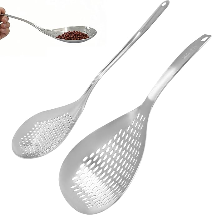 Jiozermi 2 Pcs Stainless Steel Skimmer Slotted Spoon, Pasta Spider Strainer Ladle for Frying and Cooking, Durable 304 Stainless Steel Frying Strainer Spoon for Noodles, Pasta, and Vegetables