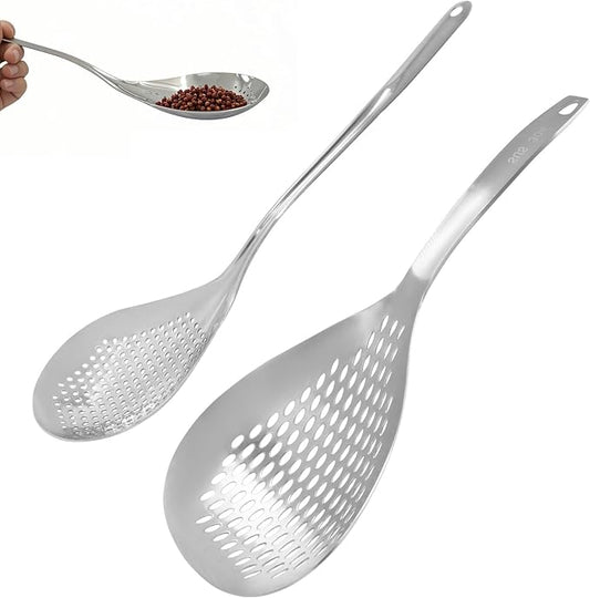 Jiozermi 2 Pcs Stainless Steel Skimmer Slotted Spoon, Pasta Spider Strainer Ladle for Frying and Cooking, Durable 304 Stainless Steel Frying Strainer Spoon for Noodles, Pasta, and Vegetables