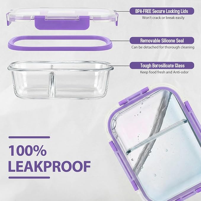 AMALEKO 42pcs Glass Food Storage Containers with Lids Set, 21 Containers & 21 Lids Glass Meal Prep Containers with Snap Locking Lid Set, Leak Proof Lunch Container BPA-Free,Purple