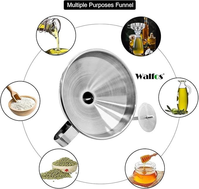 Stainless Steel Funnel, Walfos 3 Pack Kitchen Funnel with 2 Removable Strainer ＆ 1Pcs Cleaning Brush, Perfect for Transferring of Liquid, Oils, Jam, Dry Ingredients & Powder
