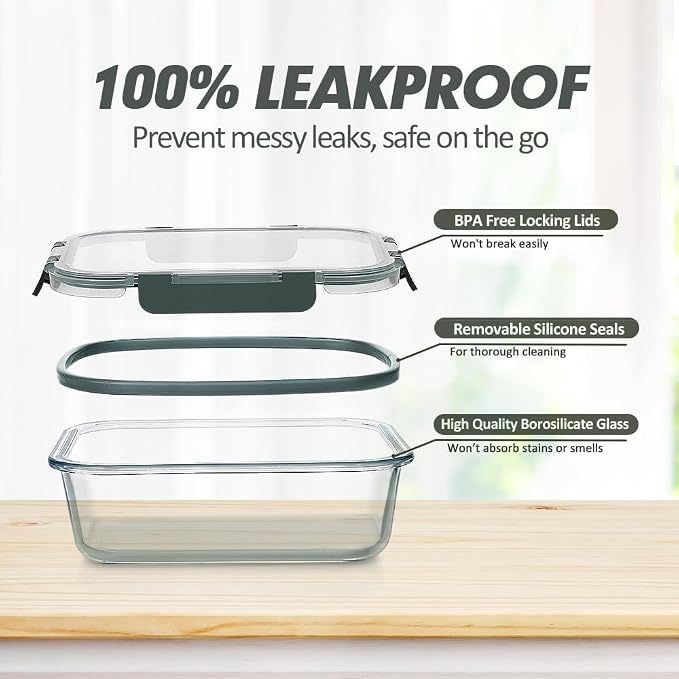 VERONES 12 Packs Glass Food Storage Containers Set with Lids, Grey | Airtight Glass Lunch Containers, Glass Meal Prep Containers with Lids, for Microwave, Oven, Freezer & Dishwasher Friendly