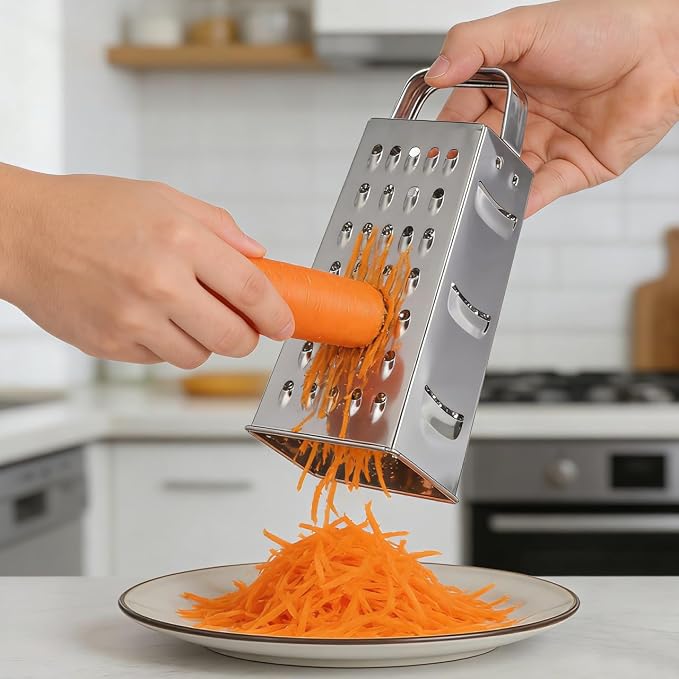 MAGICLULU 8-Inch Box Cheese Grater with Handle - Heavy Duty Stainless Steel 4-Sided Vegetable Slicer, Shredder & Zester, Potato & Citrus - Multipurpose Manual Kitchen Food Tool
