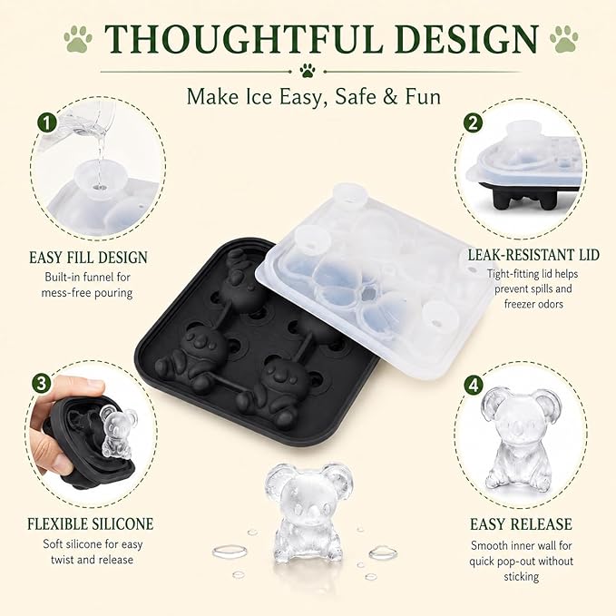Koala Ice Cube Tray Mold - Cute Fun Whiskey Ice Molds Gifts for Women Men | 3D Koala Shape Cute Ice Molds for Whiskey Bourbon, 4-Hole Large Fun Shapes Funny Gifts, for Animals Lovers Women Men