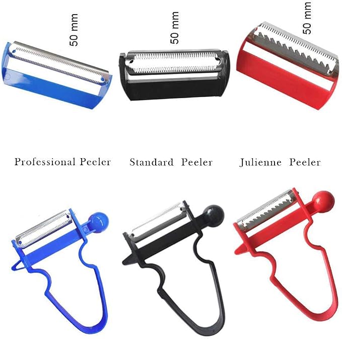 Kitchen Food Peeler Set, Stainless Steel Blades with Non-Slip Handles, 3-Piece Set (Black 50mm, Blue 68mm, Red Julienne)