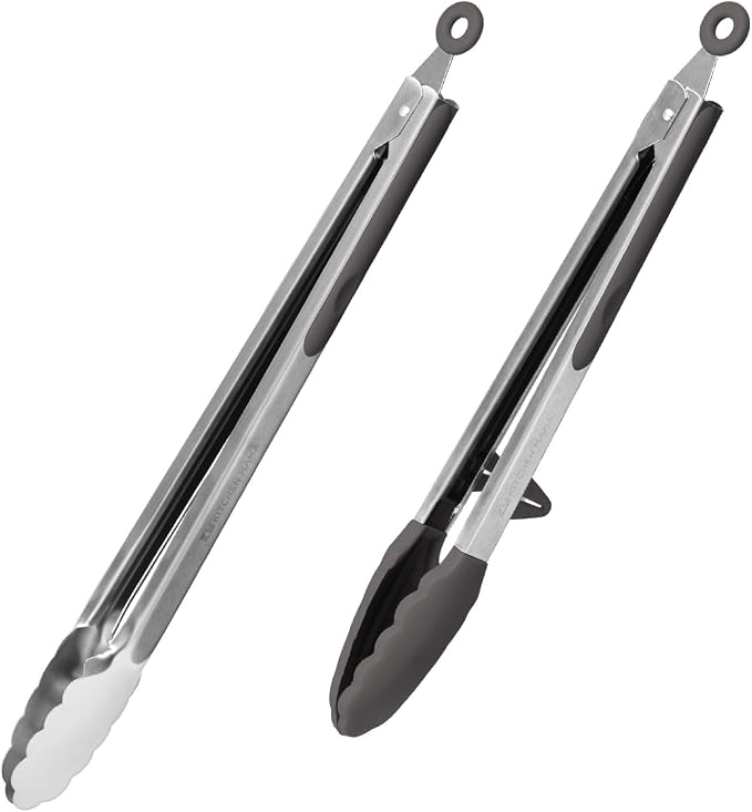 Kitchen Mama DuoEssentials Cooking Tongs Set, Metal Gray | 12" Silicone Tip & 14" Stainless Steel, BBQ Grill Tongs, Locking Ring, Heat Resistant, Non Stick & Dishwasher Safe