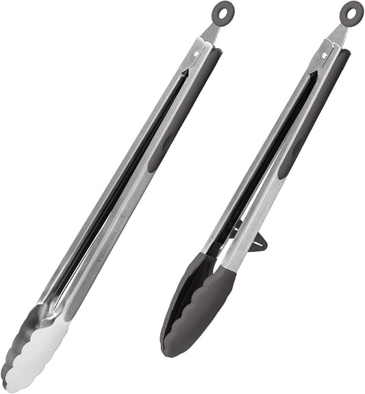 Kitchen Mama DuoEssentials Cooking Tongs Set, Metal Gray | 12" Silicone Tip & 14" Stainless Steel, BBQ Grill Tongs, Locking Ring, Heat Resistant, Non Stick & Dishwasher Safe