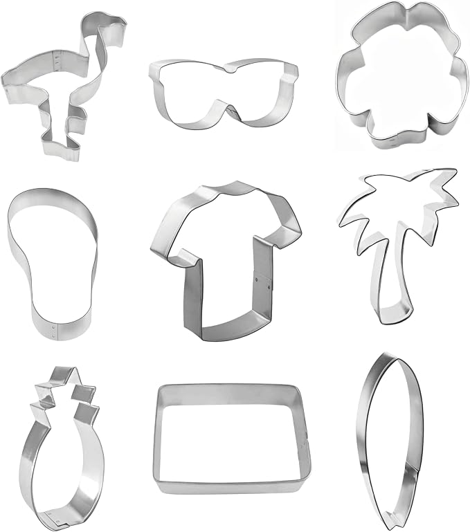Hawaiian Luau Cookie Cutter 9 Piece Set from The Cookie Cutter Shop - Palm Tree, Hawaiian Shirt, Tiki, Flip Flop, Surfboard Cookie Cutters – Tin Plated Steel Cookie Cutters