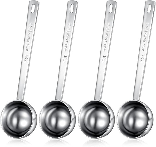 Geiserailie 4 Pcs 2 Tablespoon Scoops with Long Handle, 30 ml Stainless Steel Measuring Spoon for Coffee Milk Fruit Powder, Loose Tea Dry, Spice Jar, Cooking Baking, and Other Dry Goods
