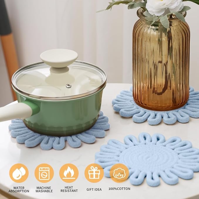 Kitchen Trivets for Hot Dishes Potholders for Countertop Hot Pads Hot Mats or Trivets for Hot Pots and Pans Home Essentials Boho Farmhouse Kitchen Decor Set of 3, 100% Cotton,7.5" (Dusty Blue)