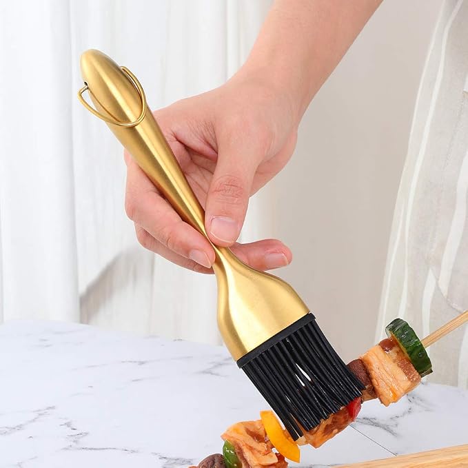 2 Pack Grill Basting Brush with 2 Pack Back Up Silicone Brush Heads, No Shed Bristles Stainless Steel Handles Heatproof Rust Resistant, Pastry Brushes for Kitchen Cooking BBQ (Gold)