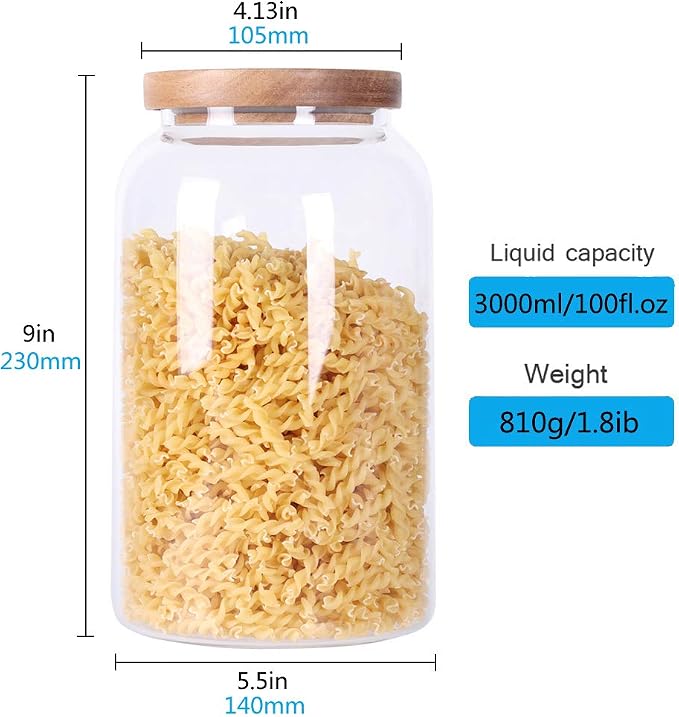 SAIOOL Modern Design Transparent Glass Food Storage Jars, 100FL OZ | 3000ml, Enlarged Thickened, Sealed Wooden Lid, Store Food, Herbs, Tea, Easy to Use and Clean