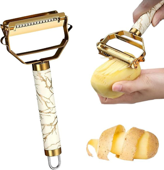 MULTI-FUNCTIONAL 3-IN-1 PEELER, Stainless Steel Peeler, Fruit, Potatoes Peeler for Kitchen,The three functions of peeling, shredding, digging holes are integrated with Ergonomic Non-Slip Handle(gold)