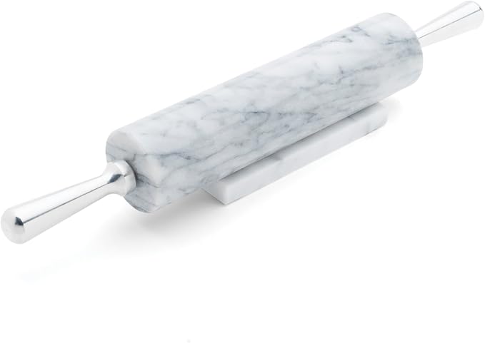 Fox Run Marble Rolling Pin & Stand, White Marble With Aluminum Handles Pin | Marble Stays Cool For Pastry | Heavy Dough Roller For Easy Rolling & Baking | Includes Stand | Naturally Non-Stick Surface