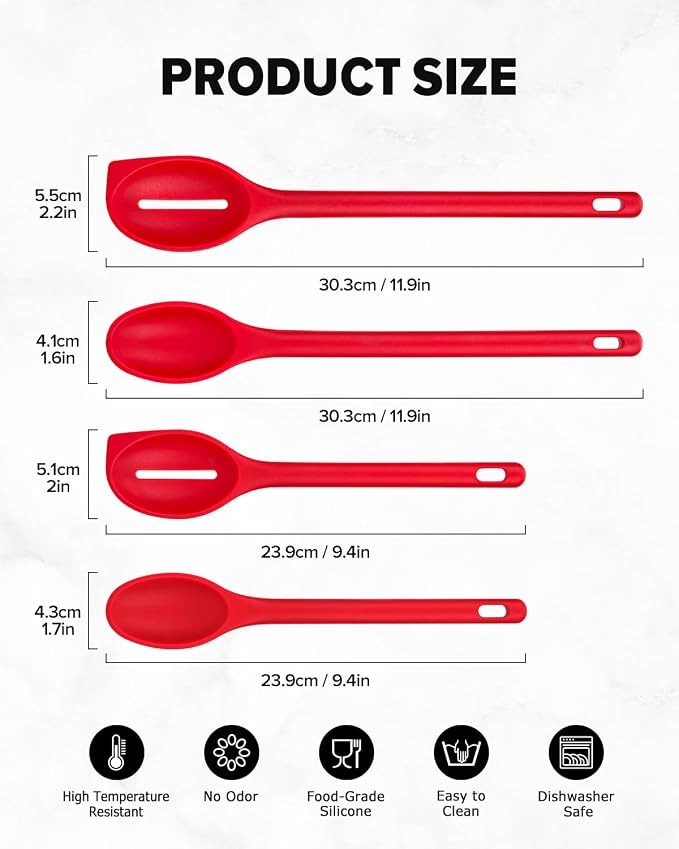 Silicone Cooking Spoons Set, Heat Resistant Kitchen Utensils, Non-Stick BPA Free Solid & Slotted Spoons for Mixing, Scooping, Draining, Serving, Basting (4 Pack) (RED)