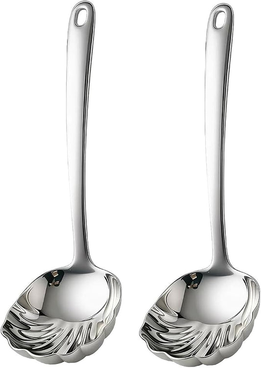 18/10 Stainless Steel Soup Ladle,9-Inch Artistic Shell-Shaped Serving Spoons with Creative Wave Edges,Mirror Polished Small Gravy Ladles for Sauces,Dressings and Party Service(Set of 2)(Silver)