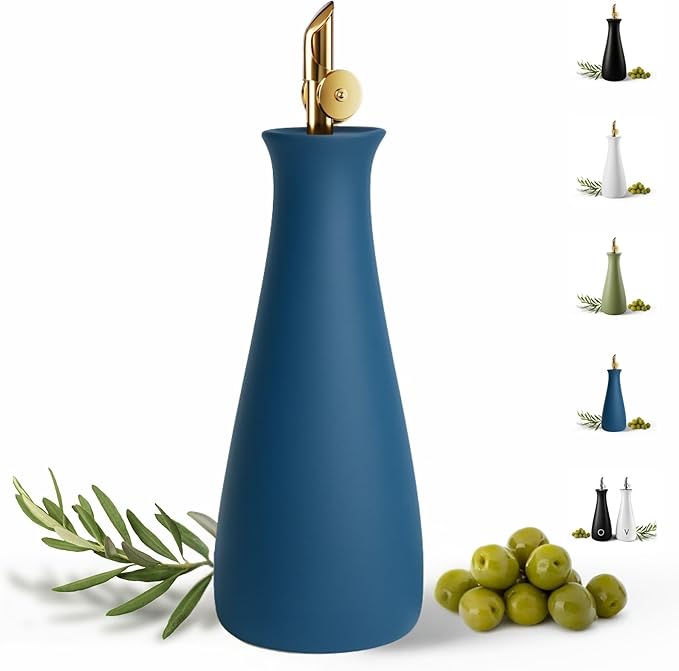 Ceramic Olive Oil Dispenser with Self-Closing Gold Spout, 530mL Capacity | Leak Proof EVOO Dispensing Bottle, Stainless Steel Self-Closing Spout, Ergonomic, Durable, Easy Pour, Stylish, 530mL Capacity