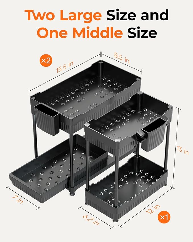 3-Pack 2-Tier Under Sink Organizers with Sliding Drawers | Multi-use kitchen & bathroom storage, 12.8 inch black cabinet organizer, space-saving sliding drawer design.