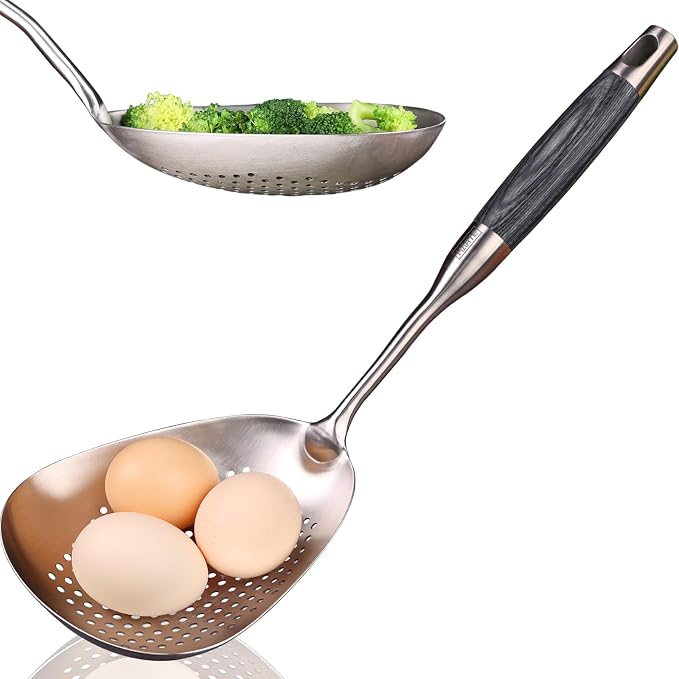 Skimmer Slotted Spoon - 304 Stainless Steel Mesh Strainer Spoon - 15in Large Slotted Pasta Spoon with Wooden Handle - Colanders & Food Strainers Spoon for Kitchen Cooking Draining and Frying