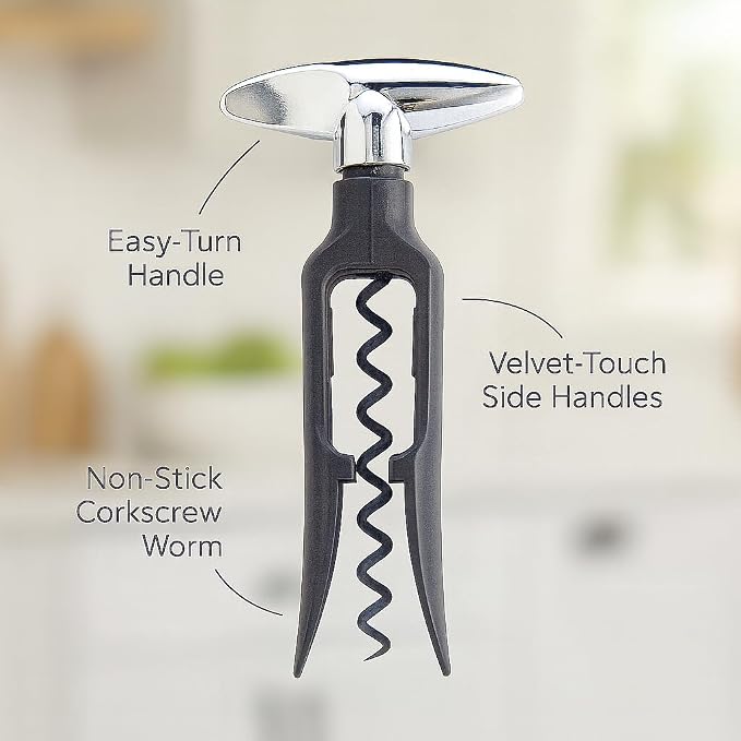 HIC Kitchen Bar Soft-Touch Winged Corkscrew, Easy Removal For Natural And Synthetic Corks, Extra-Long Worm, Built-In Bottle Opener, Wine Accessory