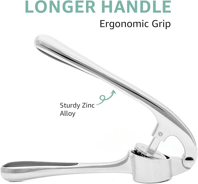 Garlic Press Crusher & Mincer – Easy Squeeze Ergonomic Handle, Heavy Duty Zinc Alloy, Dishwasher Safe, Includes Peeler & Cleaning Brush – Garlic Ginger Crusher Tool (Imperial Silver)