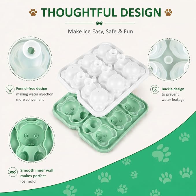 Bear Ice Cube Tray Mold - Cute Fun Whiskey Ice Molds Gifts for Women Men | 3D Bear Shape Cute Ice Molds for Whiskey Bourbon, 4-Hole Large Fun Shapes Funny Gifts, for Animals Lovers Women Men