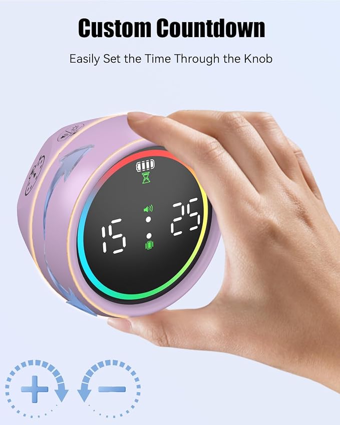 Pomodoro Timer Cube, Desk Timer for Productivity with 1, 5, 10 Min Preset Countdown, Stopwatch and Custom Countdown, for Kids, ADHD, Study, Work, Fitness, Cooking (Purple)