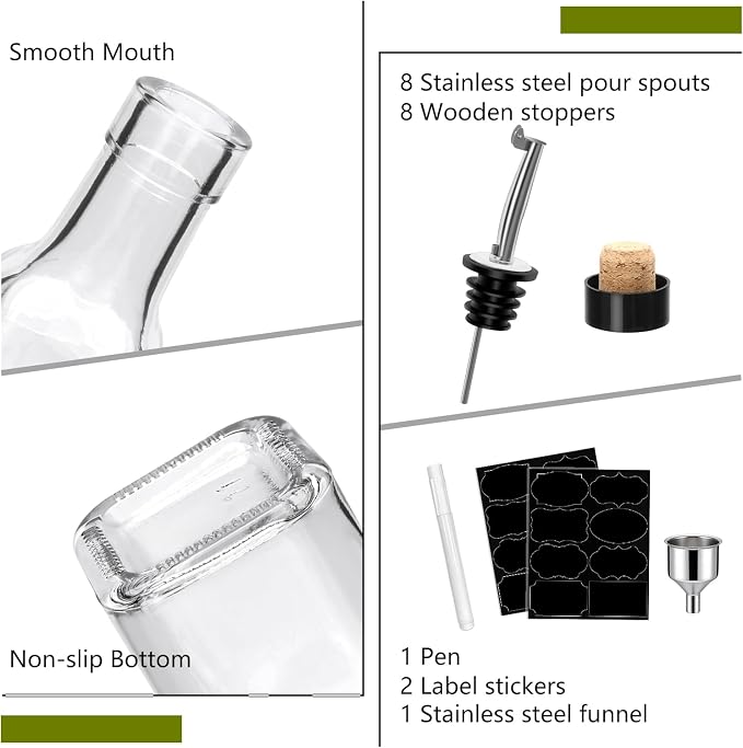 Salzesfalls 8 Pcs 6oz Olive Oil Dispenser Bottle, Oil Dispenser for Kitchen | Glass Cooking Oil Dispenser with Stainless Steel Pourer Spouts, Oil and Vinegar Dispenser Set with Pourers, Corks, Caps
