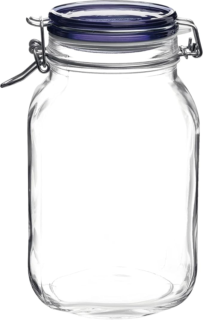 Bormioli Rocco Fido Glass Canning Jar, Blue Lid - 67.75 oz Airtight Container with Clamp Lock Canister for Preserving Vegetables, Sauces & Cooking “Au Bain-Marie” - Italian Glass, Dishwasher Safe