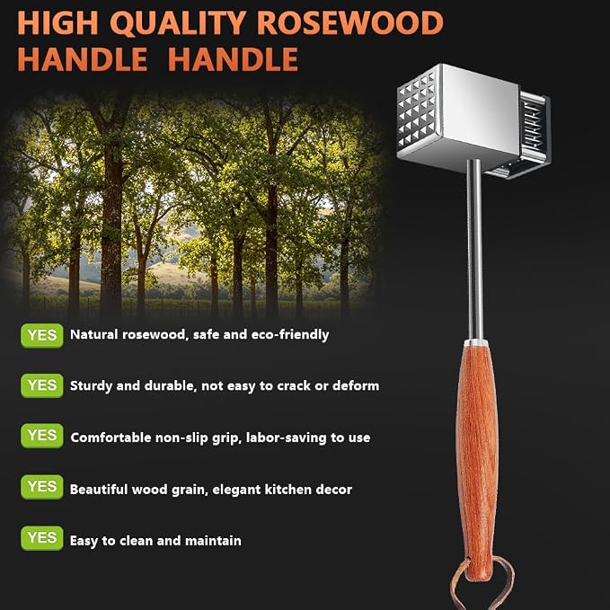2 in 1 Meat Tenderizer Hammer, Heavy Duty Weighted Stainless Steel Needle Mallet with Non-Slip Natural Rosewood Handle, Easy to Clean Kitchen Tool for Steak Beef Pork Poultry, Ideal Cooking Gift