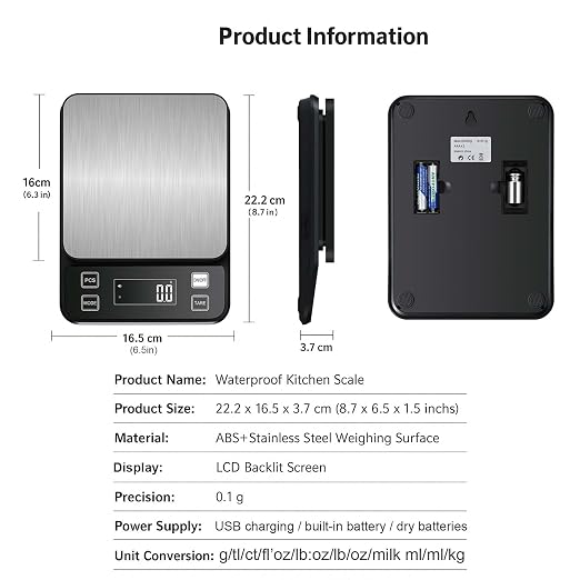 Waterproof Digital Kitchen Scale 0.001oz/0.1g Precision, Stainless Steel Electronic Scale with 3 Power Options (Rechargeable/AAA/Built-in), 10 Units Conversion, Smart Standby, 22lb/10kg Capacity