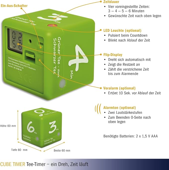 TFA Dostmann Digital Tea Timer, Green, L 60 x B 60 x H 60 mm