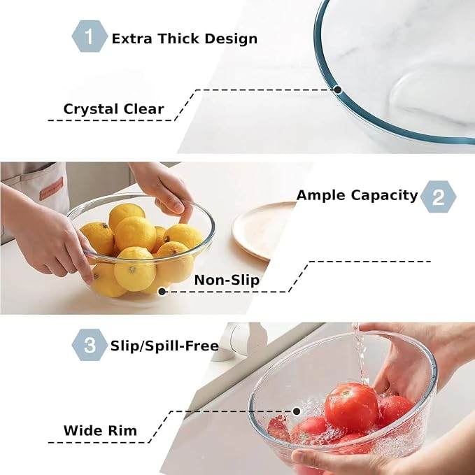 Cuiselect 4pc Glass Mixing Bowls with Lids Set (2.80QT, 1.64QT, 1.16QT, 0.85QT), Thick Salad Bowl, Nesting Glass Mixing Bowl for Cooking, Baking, Prepping-Dishwasher Microwave Freezer Safe