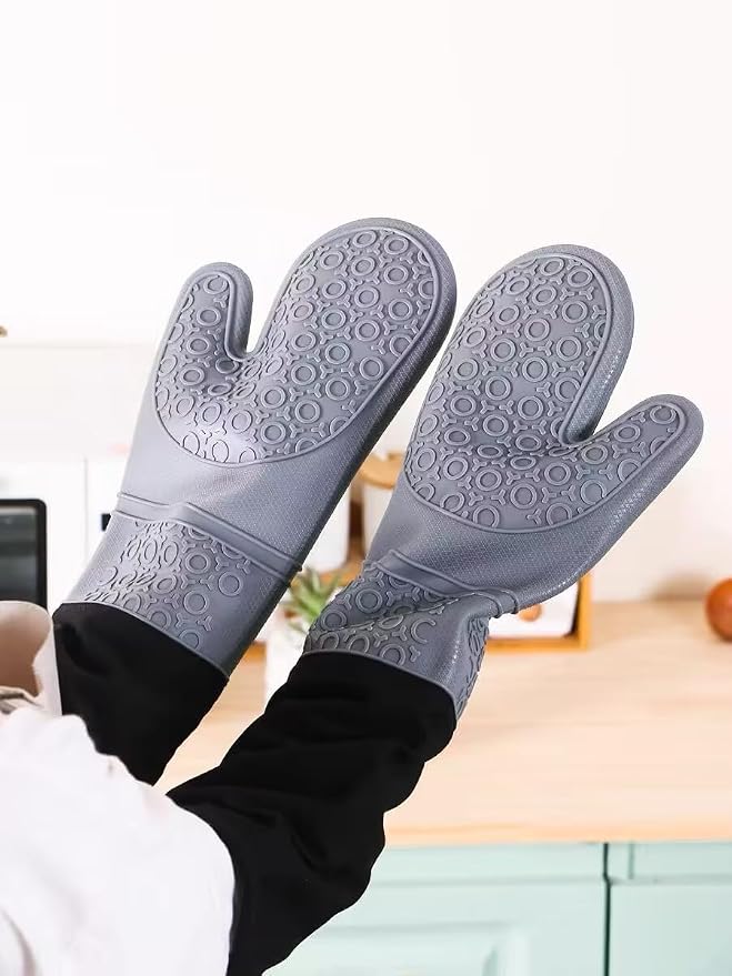 Extra Long Professional Silicone Oven Mitts with Quilted Liner, Durable Heat Resistant Oven Gloves, Heat Resistant Oven Gloves,2pcs (Gray, 19.7inch)