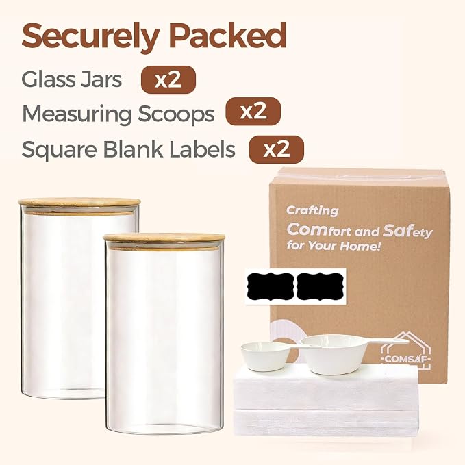 ComSaf Flour Sugar Storage Containers 4 Qt, 2 Pack Glass Flour Container | 26.6cm/10.5in Tall, Gallon Large Glass Storage Canisters, 15cm Extra Wide Mouth, Easy Clean and Scoop, 4.6lb Flour, BPA Free