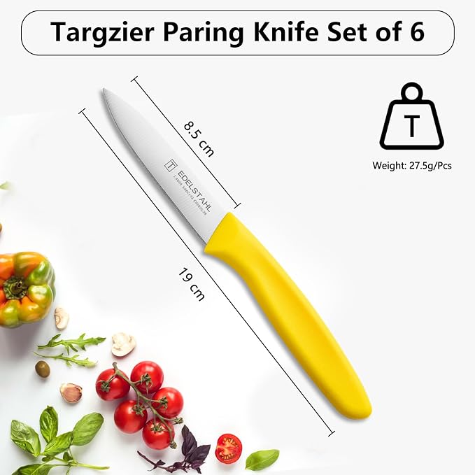 Paring Knife,Stainless Steel Paring Knives Set of 6,Super Sharp Vegetable&Fruit Knife,Straight Edge Paring Knifes,PP Plastic Ergonomic Handle,Yellow Peeling Knifes