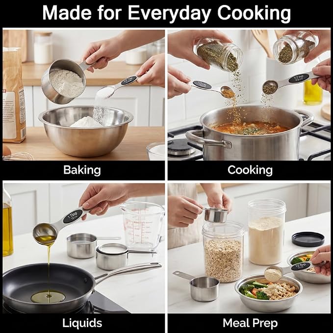 Measuring Cup and Magnetic Measuring Spoons Set, 8 Stainless Steel Nesting Measuring Cup & 8 Double Sided Stackable Magnetic Measuring Spoons & 1 Leveler for Cooking Dry & Liquid Ingredients