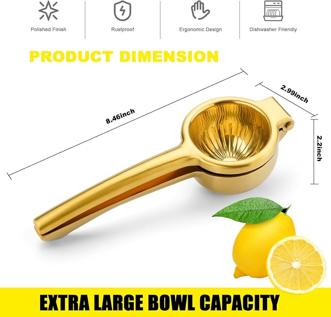 SHIKORI Lemon Squeezer, Large Heavy Duty Handhelp Juicer for Lemon, Stainless Steel Hand Press Citrus Juicer, Lime Squeezer Bar Tool, Manual Citrus Press (Gold)